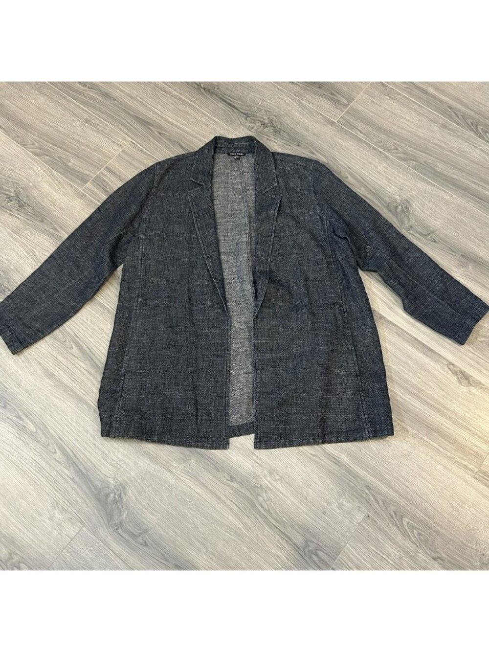 Eileen Fisher Blazer Womens L Gray Hemp Tweed Open Front Relaxed Jacket Pockets